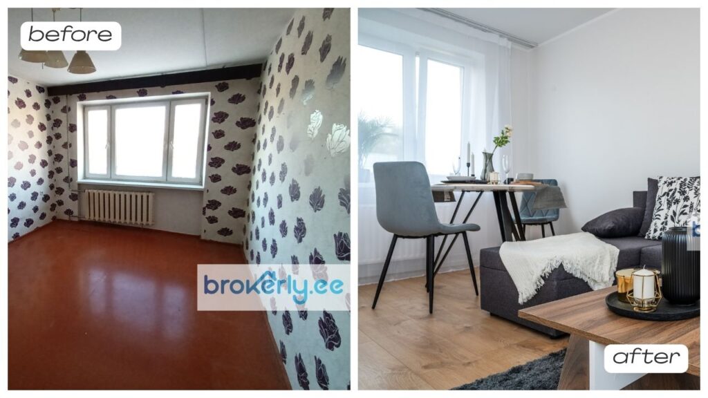 Grey and Beige Minimalist Collage Before After Fashion Style YouTube Thumbnail 2 Our Tartu Apartment Flipping Story – From Outdated Flat to Modern Home Brokerly, we do more.