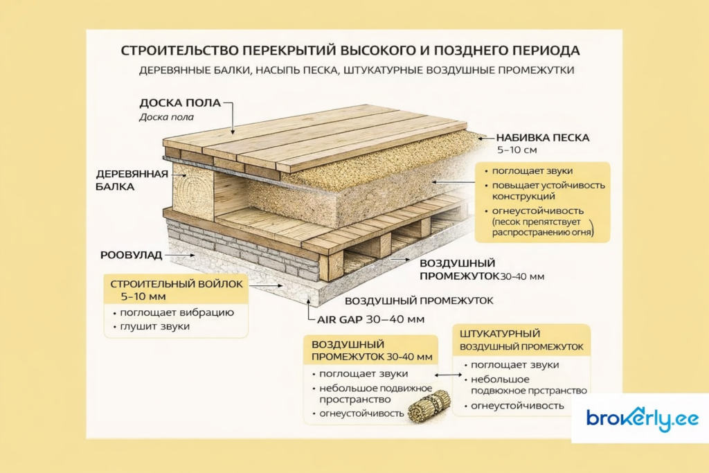 Traditional Tallinn floor construction layers 🏠 История и особенности деревянных домов таллиннского типа Brokerly, we do more.